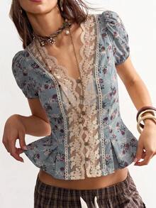 Bohemela Camisa casual de mujer con estampado tejido y encaje en contraste - Azul - Ver 1