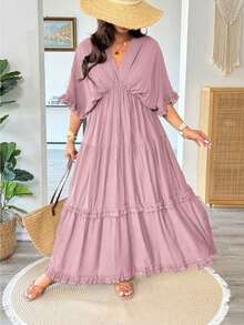 Vionelle Plus Size Solid Color Boho Ruffle Trim Regular Dress, Spring/Summer Vacation Dusty Pink - Pink - View 3