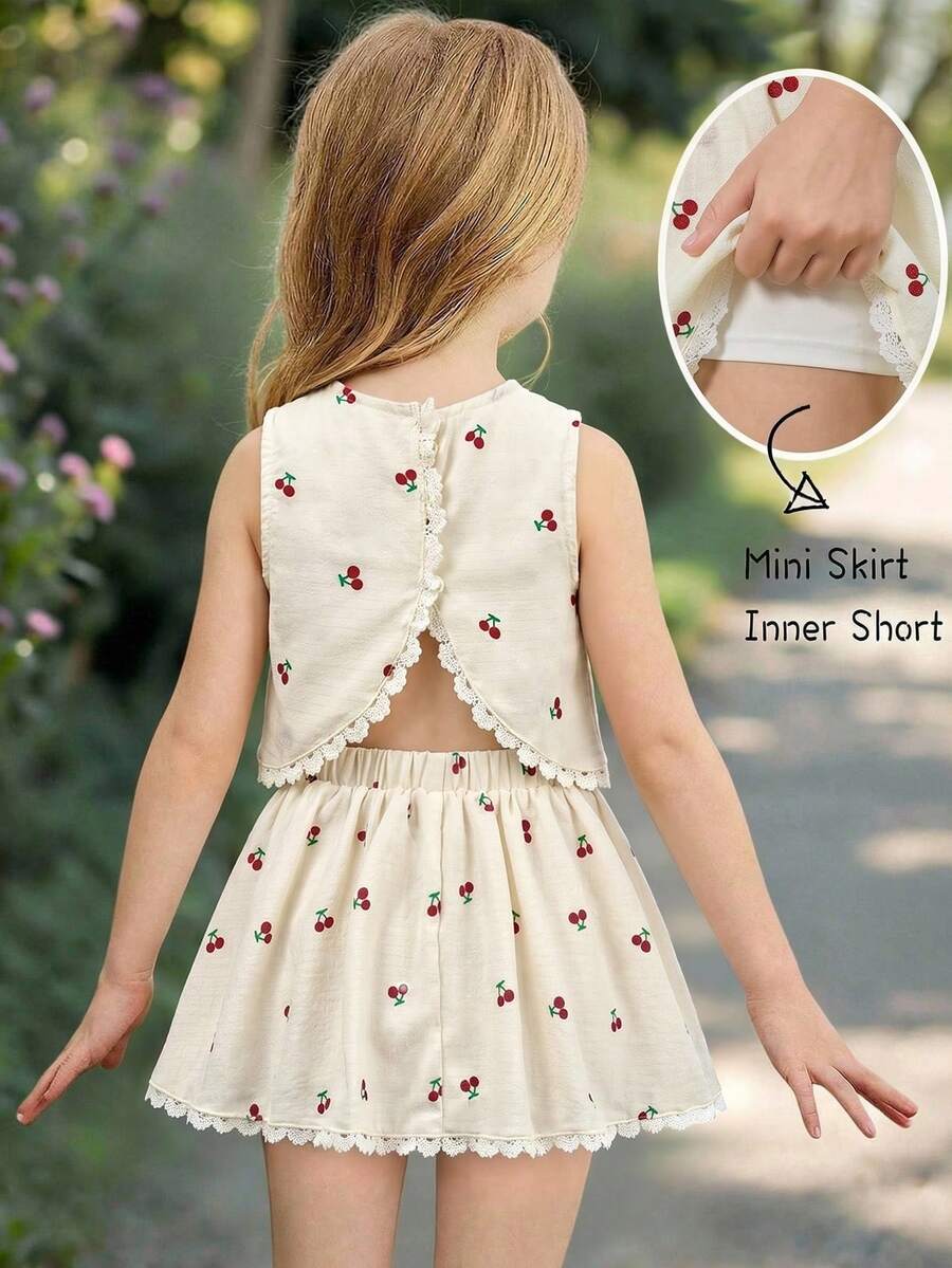 Emery Rose Kids Emery Rose Kids 女童两件套:碎花蕾丝边无袖上衣和裙子 - 杏色 - 查看 1