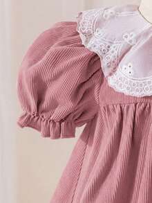 SHEIN LMoss Kids Baby Girl Puff Sleeve Peter Pan Collar Dress, Casual & Comfortable, Adorable - Dusty Pink - View 3