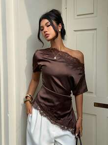 Aloruh Women's Commuter Shoulder Ruched Lace Patchwork Blouse,Summer Top - Brown - View 6