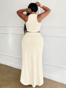 Slaydiva Plus Size White Solid Slim Fit 2 Pieces Outfit 2pcs/Set - Apricot - View 2