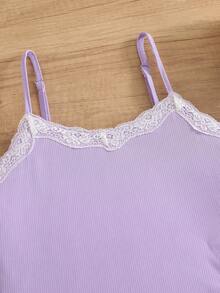 Women's Lace Trim Ribbed Camisole And Ditsy Floral Shorts Casual Knit Pajama Set - Purple - View 4