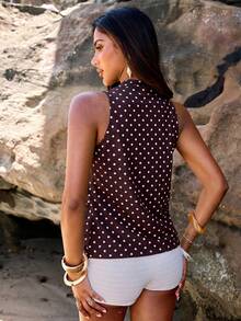 SHEIN BAE Blusa de mujer con estampado de lunares y cuello con volantes multicapa - Café integral - Ver 2