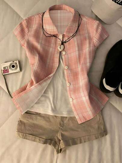 SHEIN เสื้อเชิ้ตสั้นลายสก๊อตลำลองสำหรับผู้หญิง