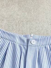 Pantalones cortos acampanados para mujer de unicolor, ajustados, con bolsillos reales, cintura ceñida, volantes 3D, cremallera, botón, para vacaciones, elegantes - Celeste - Ver 11