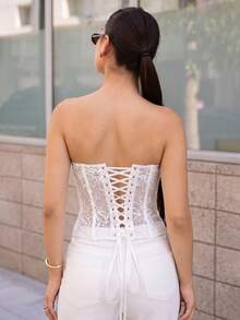 Andrea Bello Sexy Off-The-Shoulder Lace Double-Layer Fitted Corset Bustier Top, Hollow-Out Embroidered, Suitable For Vacation, Nightclub, Wedding Guest, Fall White Boho Top Lace White Top Lace Tops,Island Vacation Outfit,Music Festival Outfit,Cruise Vacation Outfit,Casual Vacation White Corset Tops For Women,Summer Top - White - View 2