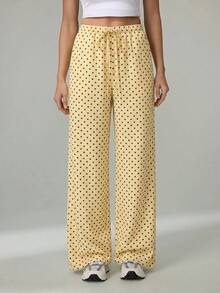 SHEIN Tall Quần dài màu nâu, quần mùa đông, quần Giáng sinh, quần năm mới, quần dệt chấm bi nâu, quần ống rộng thắt eo dành cho nữ, quần chấm bi nâu, quần chấm bi nâu, quần mùa thu, quần áo mùa thu cho nữ, quần áo mùa đông cho nữ - Vàng nhạt - Xem 2