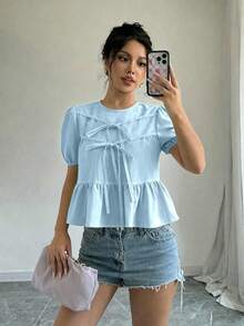 Elenzga Women's Summer Solid Color Round Neck Bubble Short Sleeve Bow Tie Blouse Peplum Top - Baby Blue - View 3