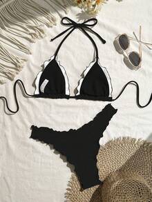 Swim Mod Women's Solid Color High Elasticity Frill Trim Bikini Set, Vacation - Black and White - View 2