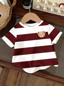 SHEIN Baby Boy Casual Striped Cartoon Bear Print Short Sleeve Top, Suitable For Spring/Summer - Multicolor - View 2