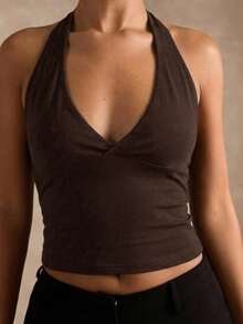 SHEIN BAE Áo tank top màu xanh hải quân dáng đơn giản, thích hợp cho nữ, phù hợp mặc mùa hè. - màu nâu - Xem 3