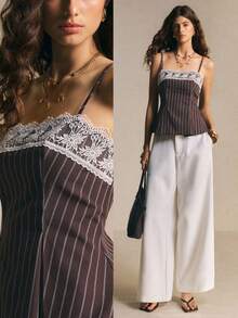 Poéselle Elegant Lace Patchwork Brown Stripe Camisole Top For Women,Summer Brunch Top,Casual Country Style Blouses,Work Vacation Outfits,Spring - Brown - View 2