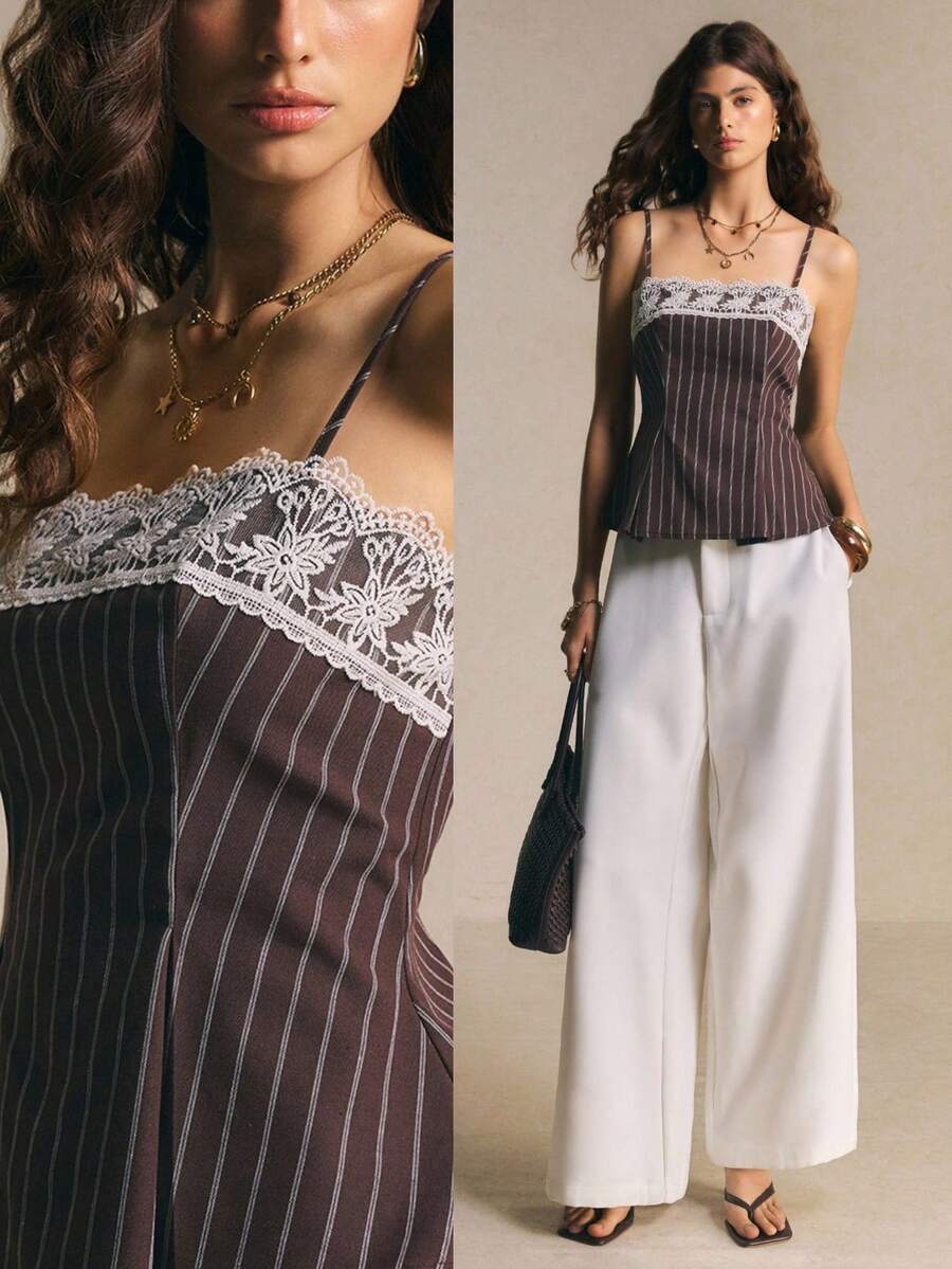 Poéselle Elegant Lace Patchwork Brown Stripe Camisole Top For Women,Summer Brunch Top,Casual Country Style Blouses,Work Vacation Outfits,Spring