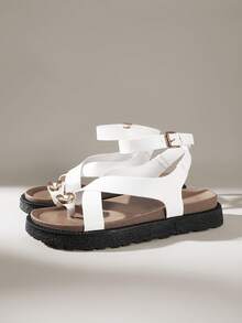 Solecia Conjunto de sandalias de plataforma con hebilla metálica en los dedos, sandalias de plataforma tipo muffin, de moda y versátiles, zapatos de plataforma con correa trasera - Blanco - Ver 4