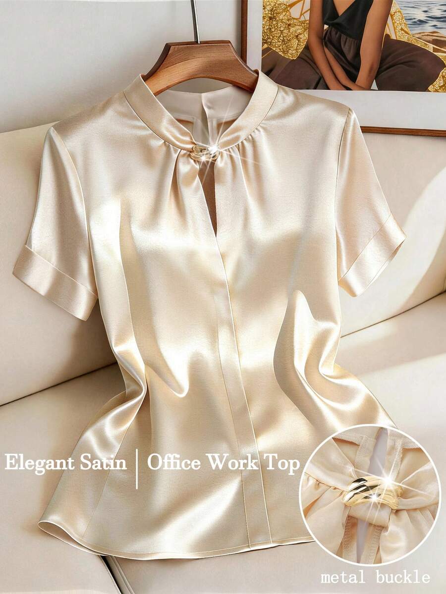 GlowEve CURVE Plus Size Women's Elegant Champagne Summer Formal Work Satin Blouse,French Office V-Neck Short Sleeve Pullover,Luxurious Knot Metal Button Decor Top - Apricot - View 1