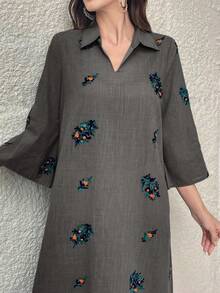 Al Najma Eyelet Embroidery Casual Long Dress With Collar - Grey - View 3
