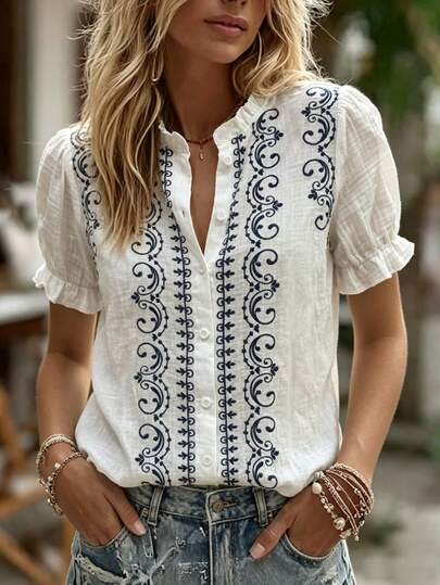 Écloséra Áo sơ mi nữ kiểu vintage thường ngày, áo kiểu thêu nút trang trí mới, áo sơ mi phong cách retro thanh lịch cho những buổi đi chơi thư giãn, áo sơ mi tay ngắn màu trắng thêu cho mùa xuân/hè.