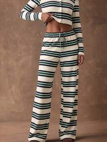 SHEIN BAE 女士休闲条纹抽绳直筒裤 - 綠色 - 查看 5