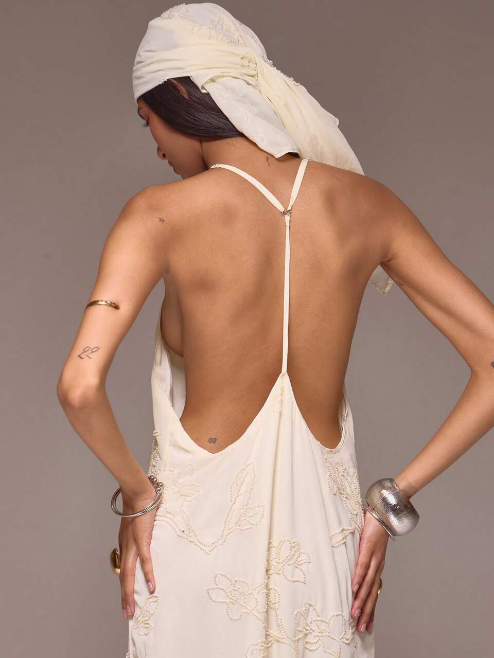Cream V Plunge Front Beaded Embellished Backless Maxi Dress
