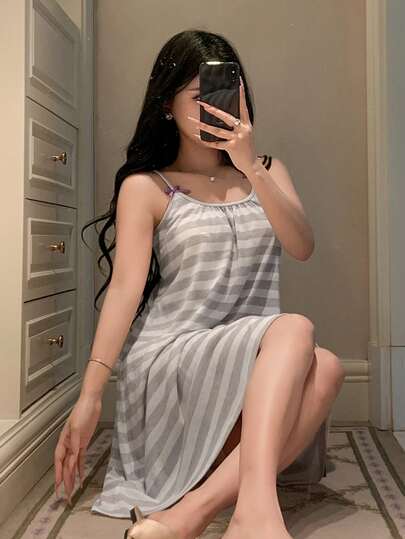 DAZY Váy ngủ nữ sọc phối mảnh xếp ly không tay phong cách thường ngày mặc hàng ngày