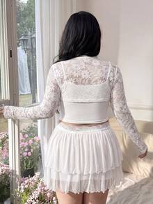 CovetEZ Áo nữ cỡ lớn màu trắng phối ren, cổ đứng, tay dài, kiểu dáng thời trang đa năng, phong cách Gothic gợi cảm. - trắng - Xem 2