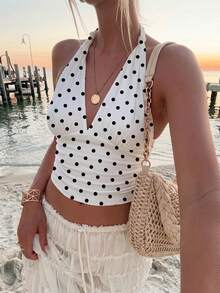 Aloruh Women's Casual Elegant Retro Polka Dot Print Twist Knot Camisole, Suitable For Summer, Retro Polka Dot Camisole, Summer Holiday Camisole,Summer Top - White - View 1