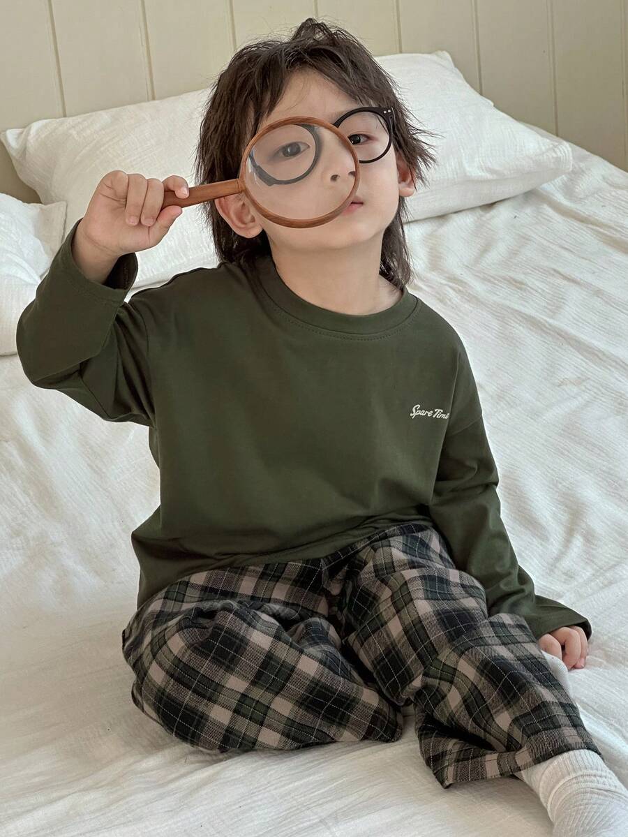 Dazy Kids 男童字母印花长袖上衣和格子裤睡衣套装 - 軍綠色 - 查看 1