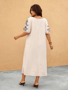 Elaquor Plus Size Floral Print Casual Vacation Dress - Apricot - View 2