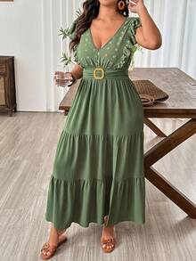 Weeklong Plus Size Women's Long Dress, V-Neck, Ruffle Sleeves, Side Slit, Beach Formal Vacation Vacation Style, Solid Color Sage Green Summer Casual - Army Green - View 8
