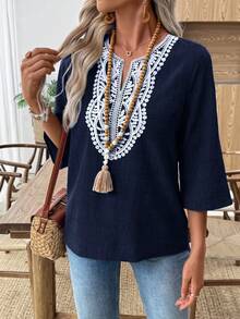 EMERY ROSE Women's French Embroidered Fashionable Versatile Blouse, Suitable For Vacation And Dates - Navy Blue - View 4
