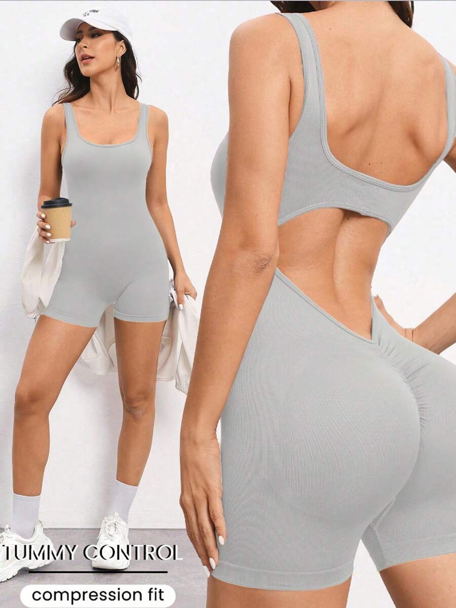 Slayform Bộ áo liền quần thể thao thường ngày màu trơn dành cho nữ - Màu be - Xem 1