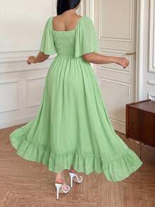 Vibekara Plus Size Casual V-Neck Ruffle Sleeve A-Line Dress, Elegant And Comfortable For Outings - Green - View 2