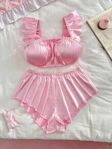 Bộ 2 món áo sơ mi satin dễ thương cho nữ + quần lót - Hồng - Xem 4