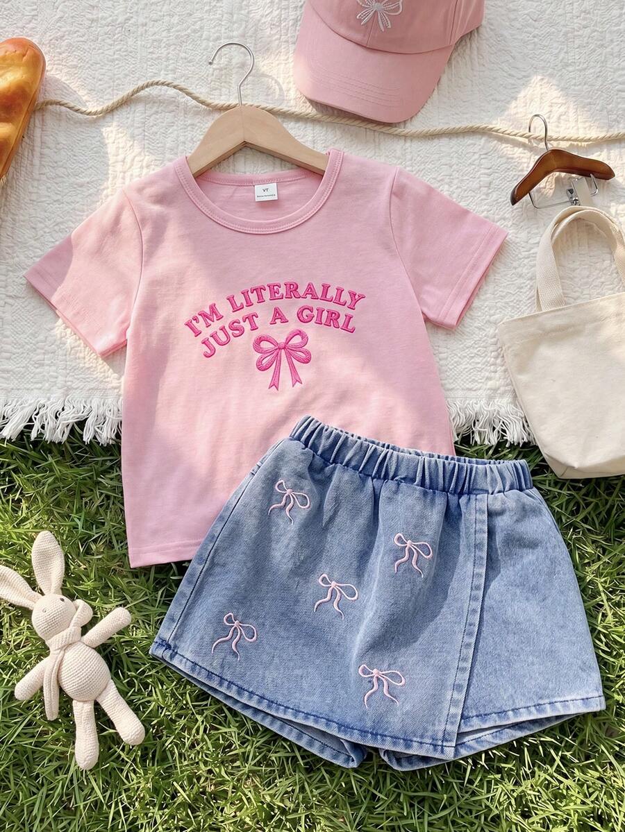 SHEIN Playful Pals 返校季女童休闲可爱圆领彩色波点彩虹印花T恤和纯色牛仔短裙套装,夏季 - 粉色 - 查看 1