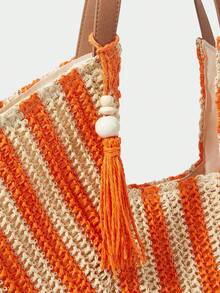 Large Capacity Bohemian Woven Straw Tote Bag With Fringe And Striped And Plain PU Handles For Beach Vacation Summer - Jeruk - View 7