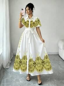 Elenzga Đầm dài cài cúc phía trước in họa tiết lá vàng sang trọng dành cho nữ - trắng - Xem 3