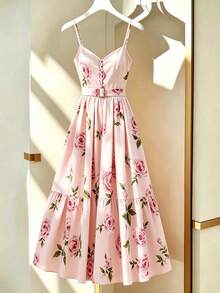 SHEIN Franclia 女士夏季连衣裙，吊带V领印花连衣裙，粉色连衣裙配金色方形金属扣腰带，吊带V领长款连衣裙，度假风连衣裙，通勤休闲连衣裙，夏季假日装扮，情人节装扮，派对连衣裙，婚纱，毕业礼服，夏季度假装扮，户外装扮，时尚休闲通勤连衣裙，百搭时尚日常休闲装 - 粉色 - 查看 5
