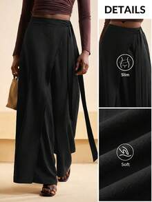 Zivah Women's Black Summer Classy Elegant Vacation Loose Wide Leg Pants,Front Panel Overlay Waist Tie Trousers,Business Casual Commute Minimalist Style - Black - View 8