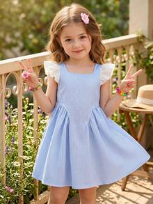 Emery Rose Kids Emery Rose Kids Young Girl Woven Colorblock Striped Square Collar Ruffle Hem Knit Dress - Blue - View 4