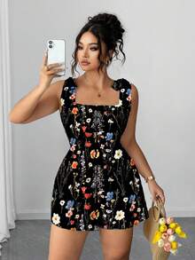 Elenzga Plus Size Floral Print Sleeveless Romper - Black - View 1