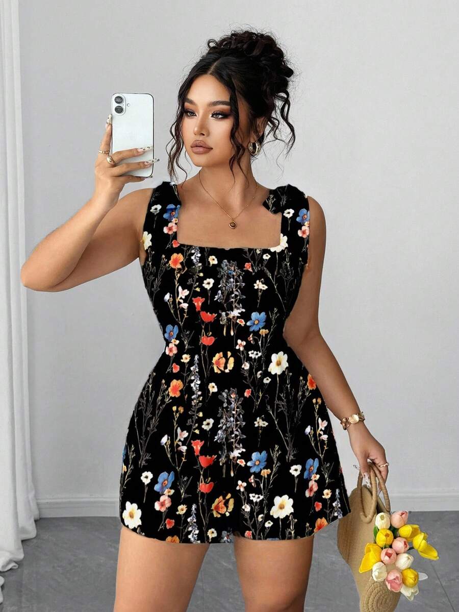 Elenzga Plus Size Floral Print Sleeveless Romper - Black - View 1