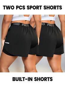 SHEIN Rhythm Era Plus Size Women Letter Print Pocket Casual Versatile Daily Wear Sports Shorts - Black - View 2