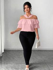 Elenzga Elegant Off-Shoulder Metal Decor Ruffle Trim Off-Shoulder Plus Size Blouse - Pink - View 5