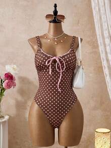 Swim Vcay Retro American Style Brown Base Polka Dot One-Piece Swimsuit, Pink Bow Sexy Babe Hot Spring Resort Swimwear - Multicolor - View 5