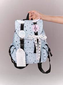 ROMWE 1Pc Blue Kawaii College Wind Star Pattern With Wing Lace Bar Card Cover Multi-Pocket Backpack Fashionable And Casual Large-Capacity Women's Backpack, Simple And Cute Versatile Style, Suitable For School, Commuting, Daily Leisure Use - Blue - View 3