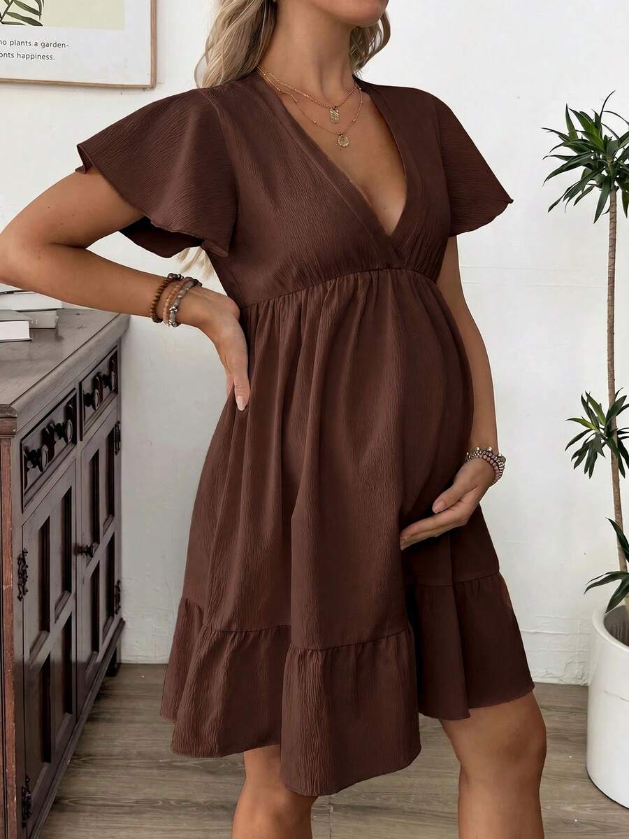 SHEIN Đầm bầu nữ cổ chữ V viền bèo nhún dáng midi tay phồng, màu mơ - Màu nâu Sô-cô-la - Xem 1