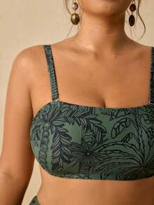 Conjunto de traje de baño estampado para mujer de talla grande, parte superior de traje de baño con lazo en el escote tipo bandeau - Verde Oscuro - Ver 9