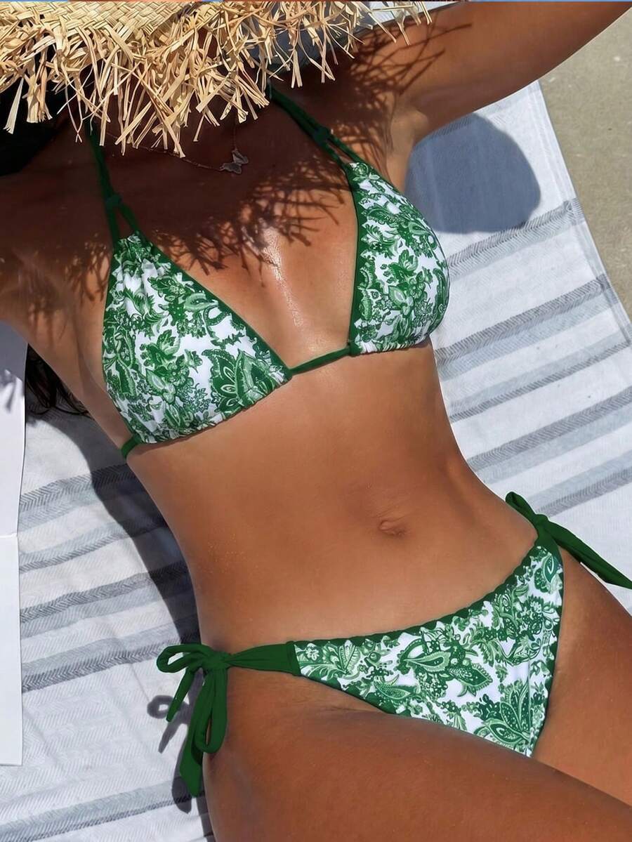 Swim Vcay Set Bikini Halter Bermotif Modis untuk Wanita