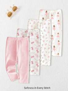 SHEIN Playful Pals 4件套女婴纯色弹力腰带打底裤/长裤/紧身裤，婴儿下装套装，可爱爱心印花设计，百搭甜美，春夏装扮，舒适透气，时尚女童套装，休闲穿着，儿童花卉图案服装，春夏套装，新款，清凉舒适，春日气息，暑假必备 - 彩色 - 查看 2